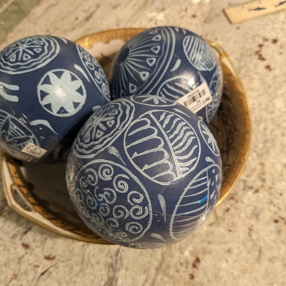 Pier 1 Imports Wood Decor Balls Hand Painted 4" Dia. NEW Blue & White Staging